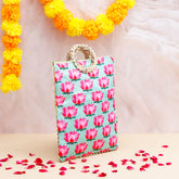 Lotus Printed Ethnic Handcrafted Zip Up Fabric Bag - Blue